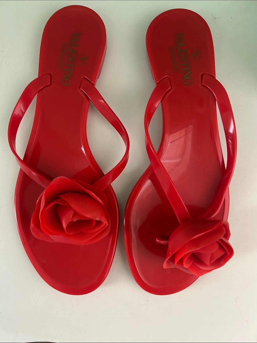Valentino Red Jelly Thong Sandals with Rose Accent